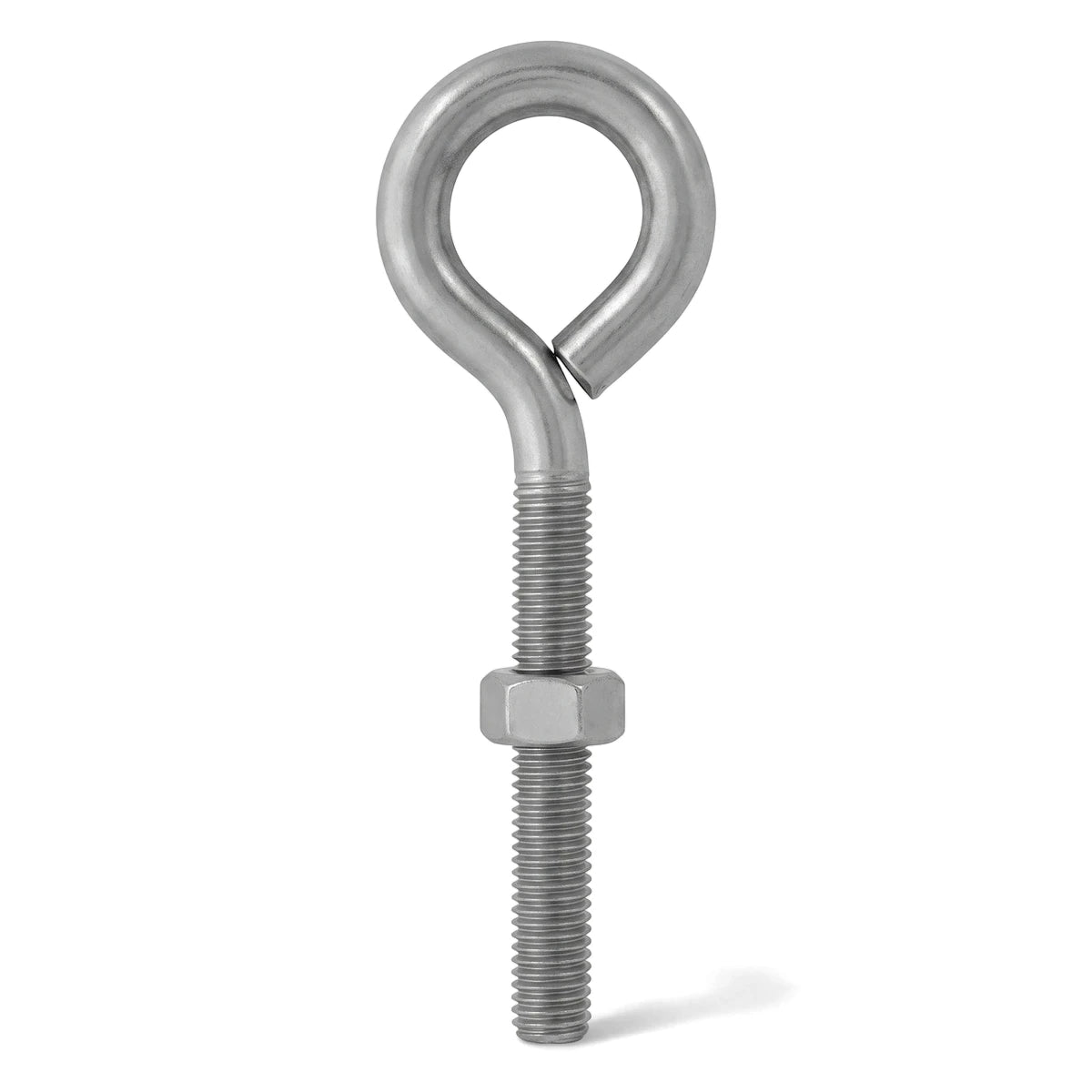 Silver metal Eye Bolt M12X200 Padlock with a threaded shaft and hexagonal nut, isolated on a white background, viewed
