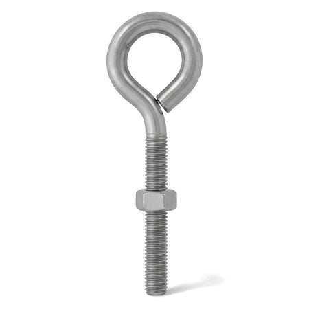 Silver metal Eye Bolt M12X200 Padlock with a threaded shaft and hexagonal nut, isolated on a white background, viewed