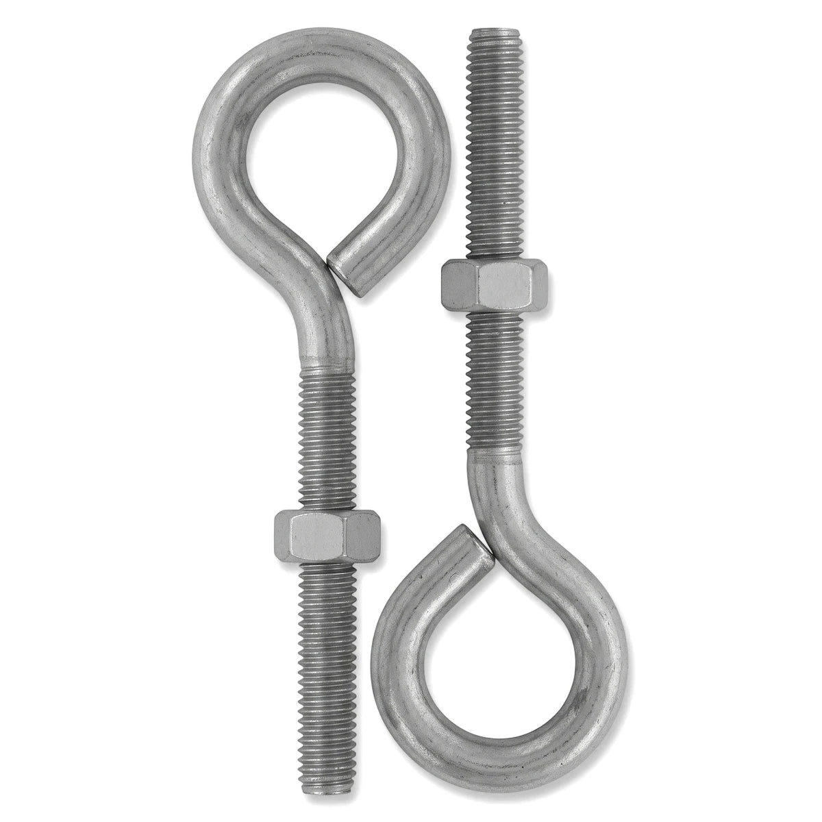 Two silver metal M6x50 eye bolts with nuts, used for securing, lifting, or anchoring, displayed vertically on a white