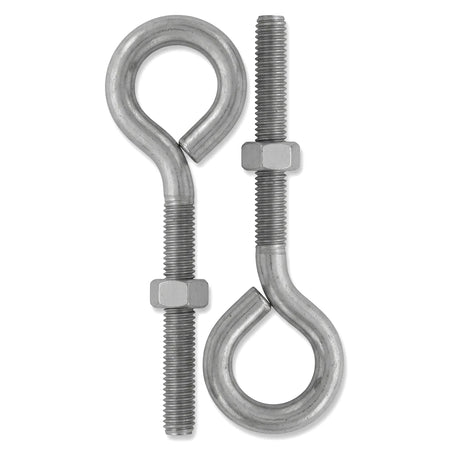Two silver metal M6x50 eye bolts with nuts, used for securing, lifting, or anchoring, displayed vertically on a white