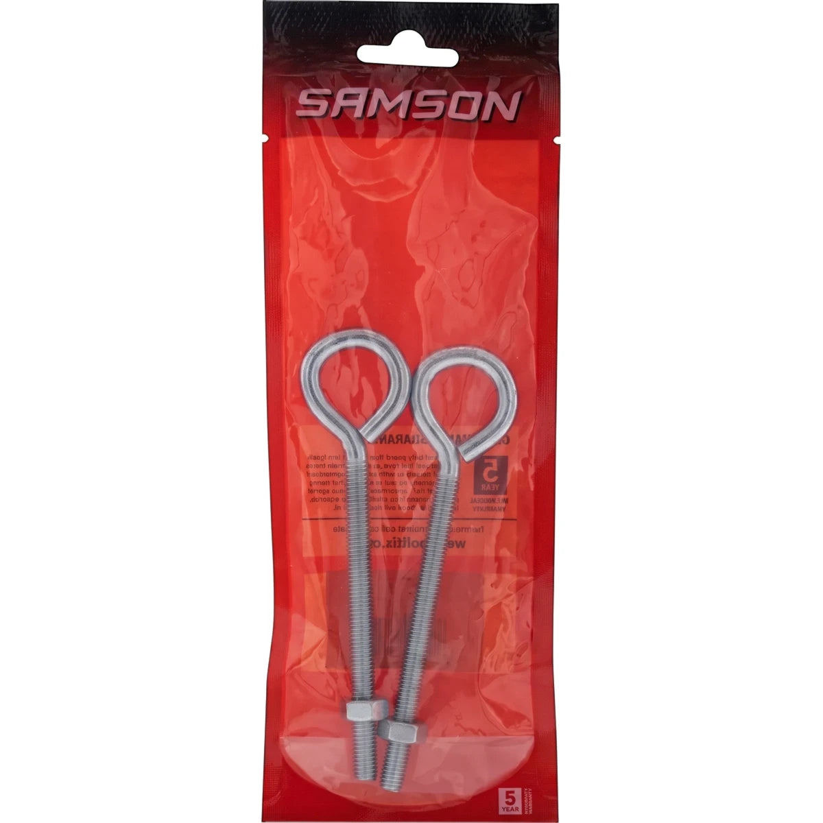 Two silver M8X100 eye bolts, each with a nut, packaged in a clear bag with red branding.
