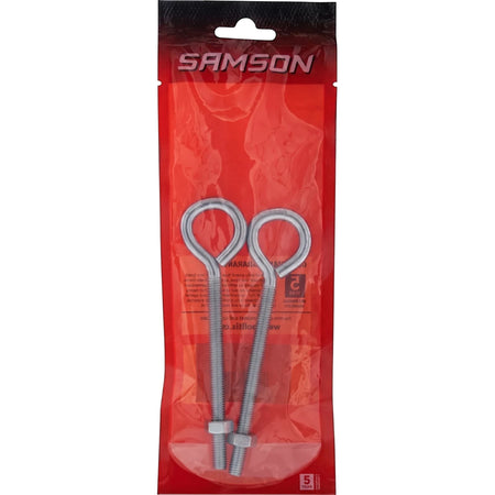 Two silver M8X100 eye bolts, each with a nut, packaged in a clear bag with red branding.