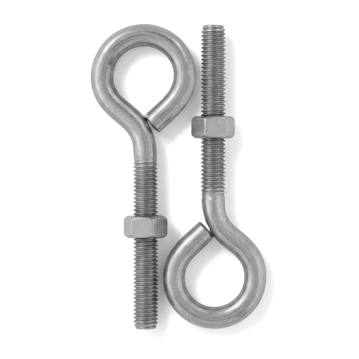 Two metallic M8X150 eye bolts with threaded shafts and hexagonal nuts, used for lifting or securing.