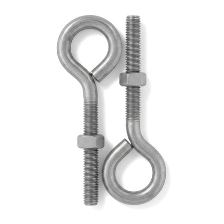 Two metallic M8X150 eye bolts with threaded shafts and hexagonal nuts, used for lifting or securing.