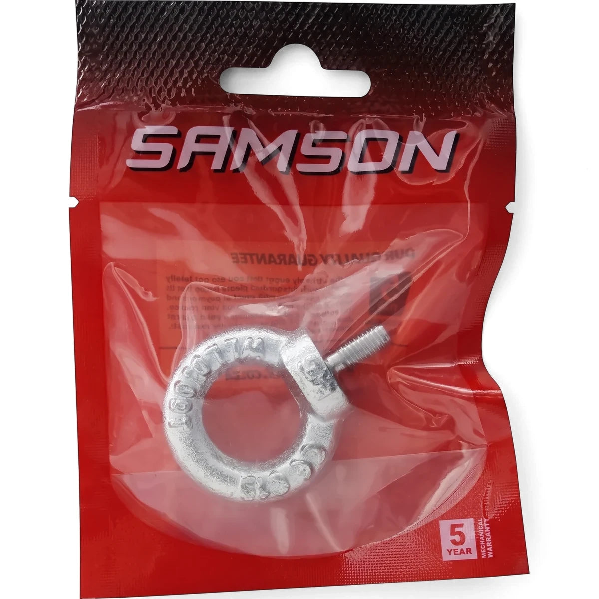 Metal eye bolt, Male M10 Padlock, with threaded shaft, enclosed in clear and red plastic packaging, front view.