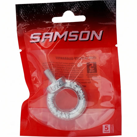 Eye Bolt Male M8 Padlock in silver metal with threaded shank and round eye, shown in clear red retail pack