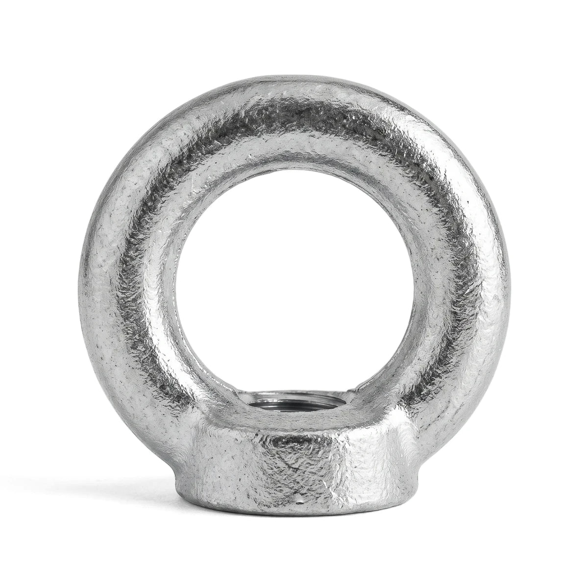 Silver metal female M10 padlock eye nut, viewed from the front, featuring a robust design for secure attachment.