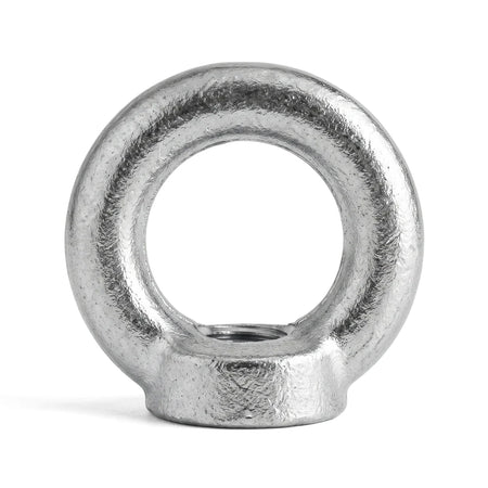 Silver metal female M10 padlock eye nut, viewed from the front, featuring a robust design for secure attachment.