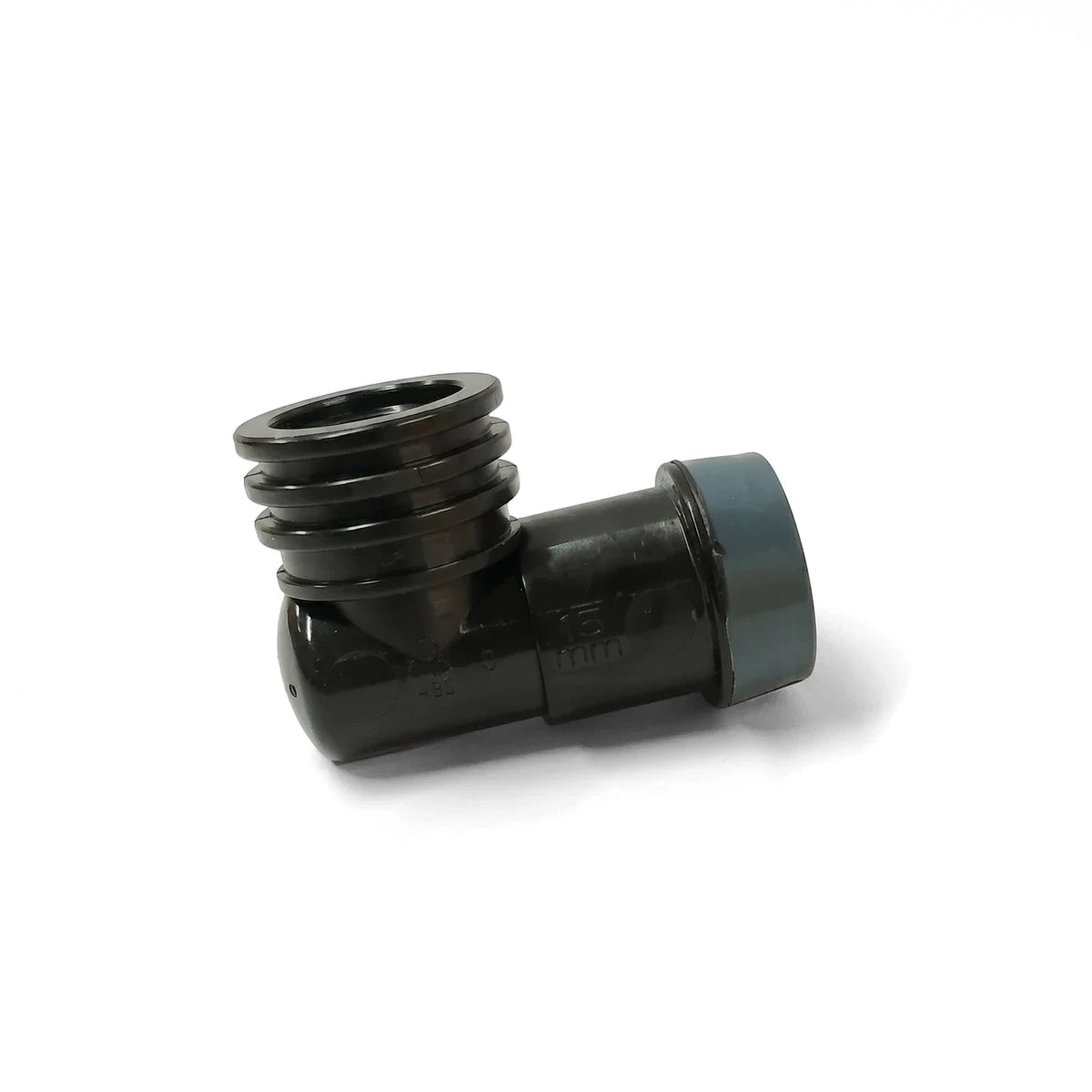 EZ Flow Irrigation Female Elbow Fitting, black 15mm x 1/2 inch, plastic, shown from an angled view.