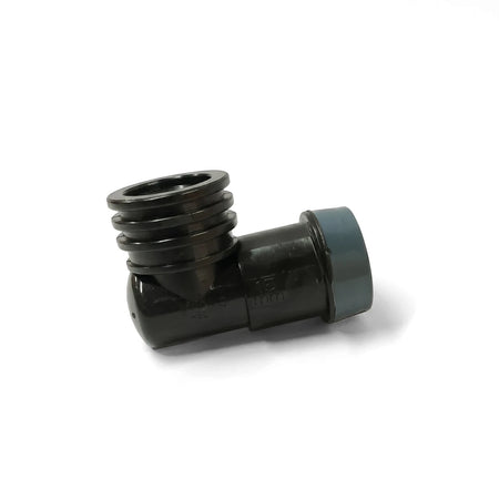 EZ Flow Irrigation Female Elbow Fitting, black 15mm x 1/2 inch, plastic, shown from an angled view.