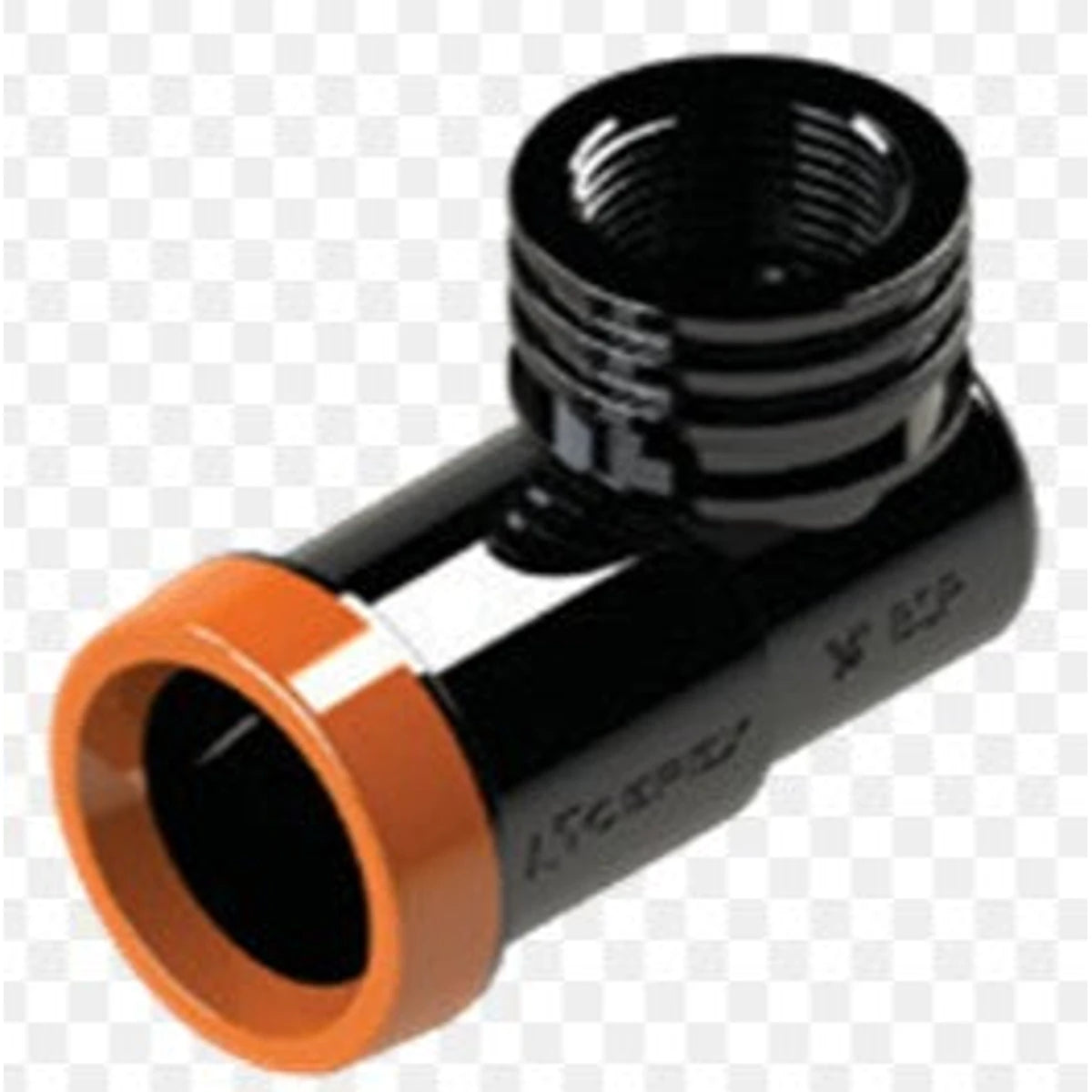 EZ Flow Irrigation Female Elbow Fitting in black with an orange ring, used for plumbing pipe connections.