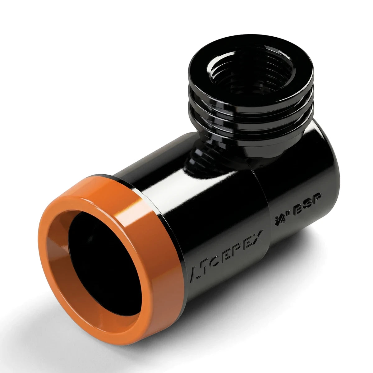 EZ Flow Irrigation Female Elbow Fitting, black with an orange band, 25mm x 3/4 inch, angled view