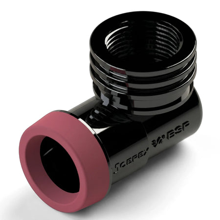 EZ Flow Irrigation Female Elbow Fitting, black with a red ring, featuring threaded connections for plumbing systems.