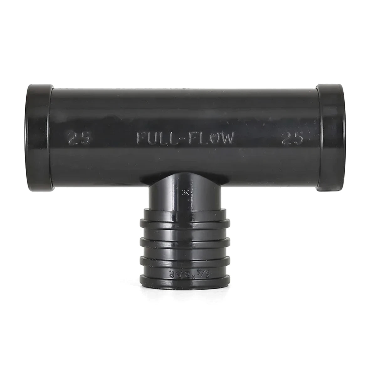 EZ Flow Irrigation Female Tee Fitting in black plastic, 25mm x 3/4 inch, viewed from the front.
