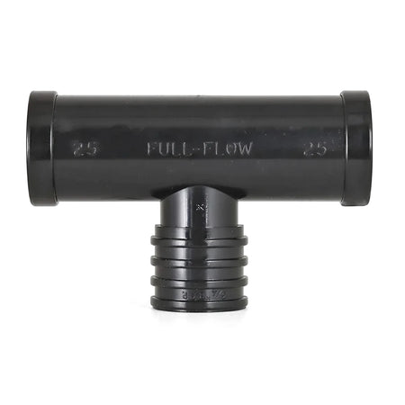 EZ Flow Irrigation Female Tee Fitting in black plastic, 25mm x 3/4 inch, viewed from the front.