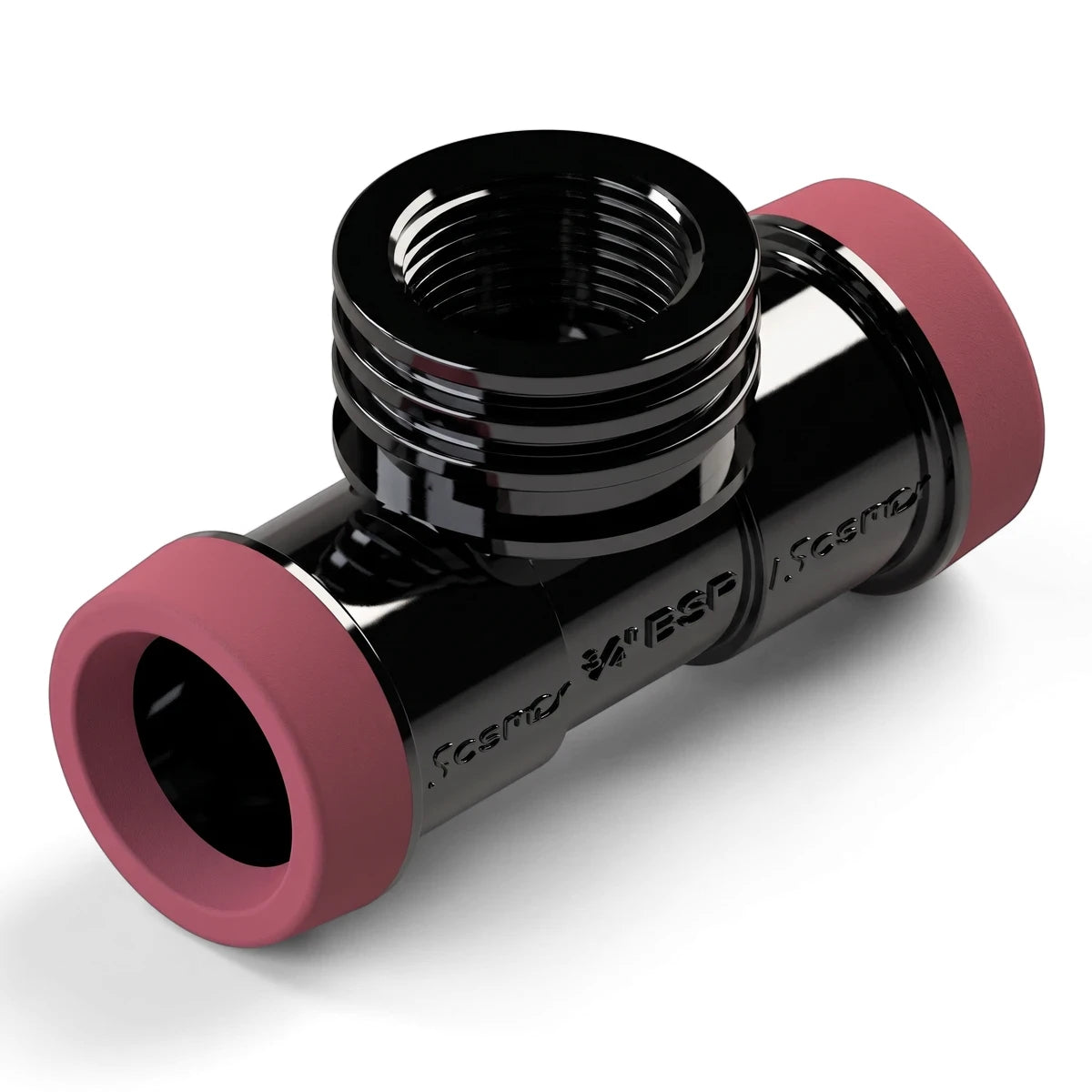 EZ Flow Irrigation Female Tee Fitting, black with red ends, shown at an angle with visible threading.