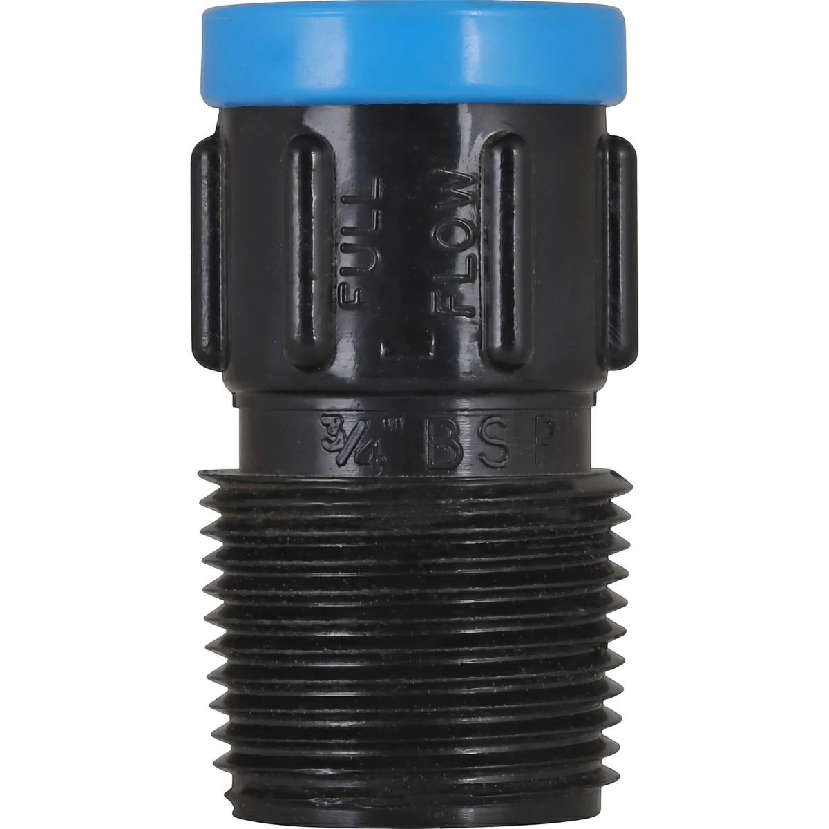 EZ Flow Irrigation Male Adaptor Fitting, 15mm x 3/4", black with blue top, showing threaded end