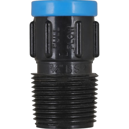 EZ Flow Irrigation Male Adaptor Fitting, 15mm x 3/4", black with blue top, showing threaded end