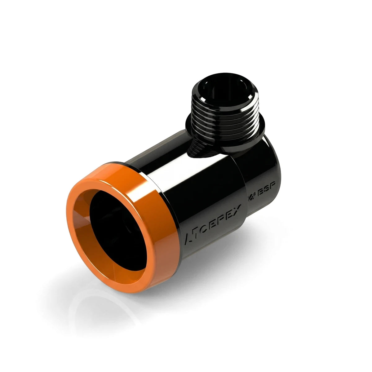 Black and orange EZ Flow irrigation male elbow fitting, 25mm x 3/4", for plumbing and pipe connections.