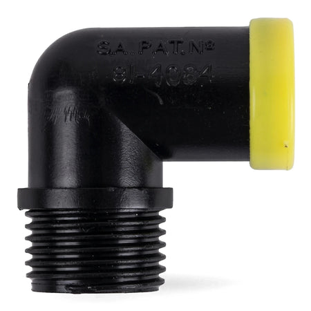 Black plastic 90-degree EZ Flow irrigation male elbow fitting with threaded end and yellow cap, for pipe connections.