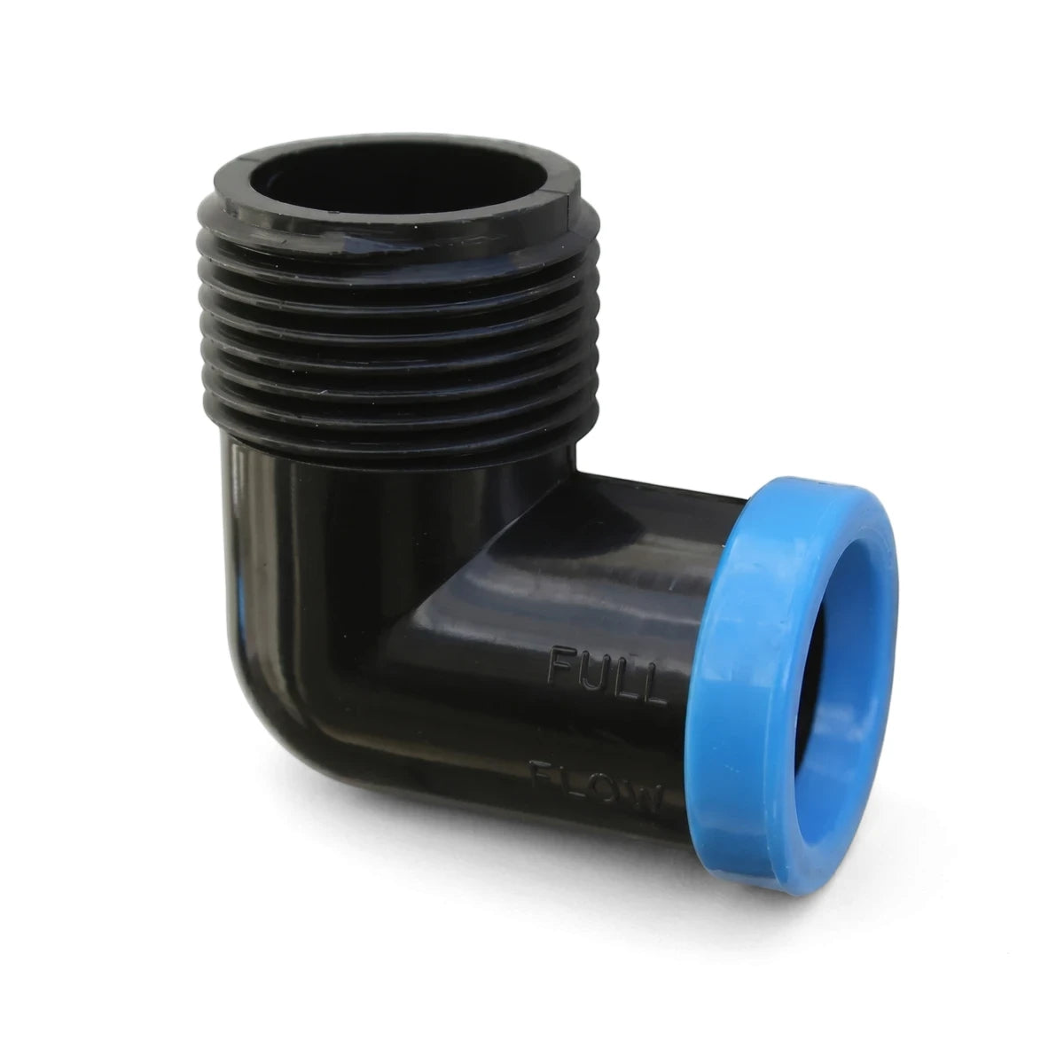 Black plastic EZ Flow Irrigation Male Elbow Fitting, 15mm x 3/4", with male threads and a blue accent ring, shown from an