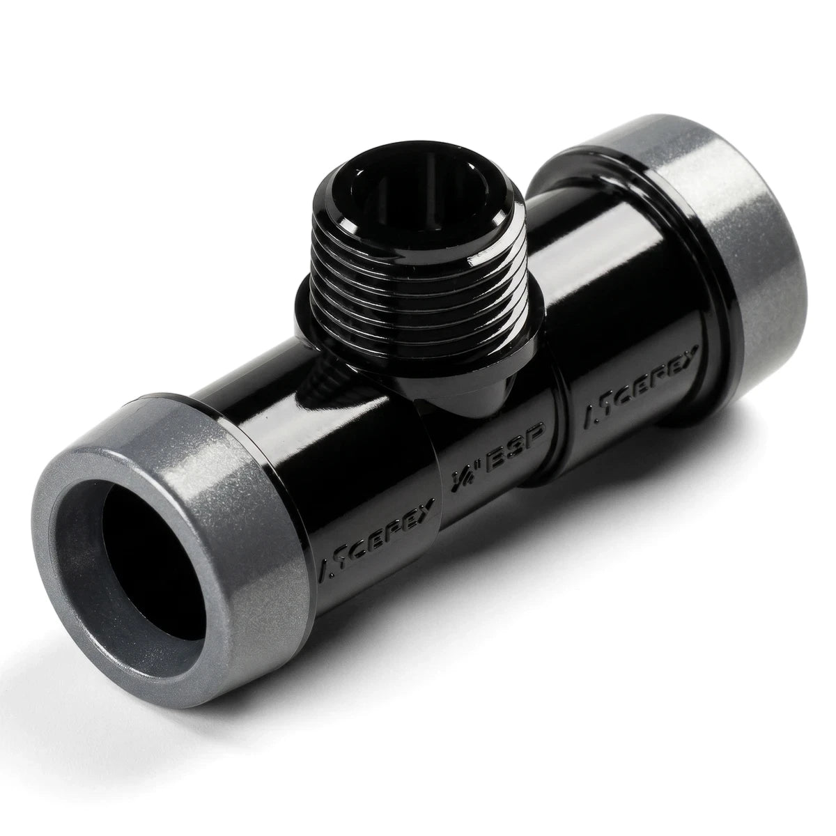 Black plastic EZ Flow irrigation male tee fitting, 15mm x 3/4" size, shown at an angle.