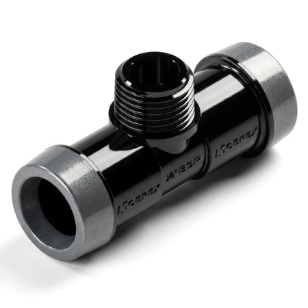Black plastic EZ Flow irrigation male tee fitting, 15mm x 3/4" size, shown at an angle.