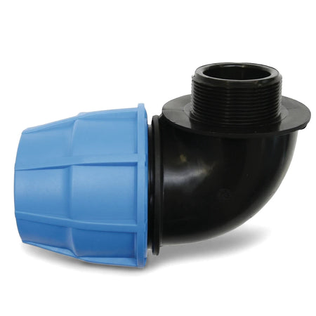 EZ Flow Irrigation Male Tee Fitting, 25mm X 1", in black and blue plastic, shown from a side angle.