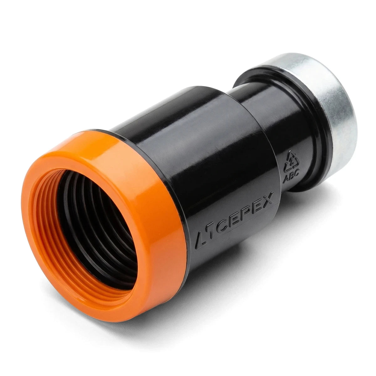 EZ Flow Irrigation Reducing Coupling Fitting, 25mm x 15mm, black and orange plastic, angled view.