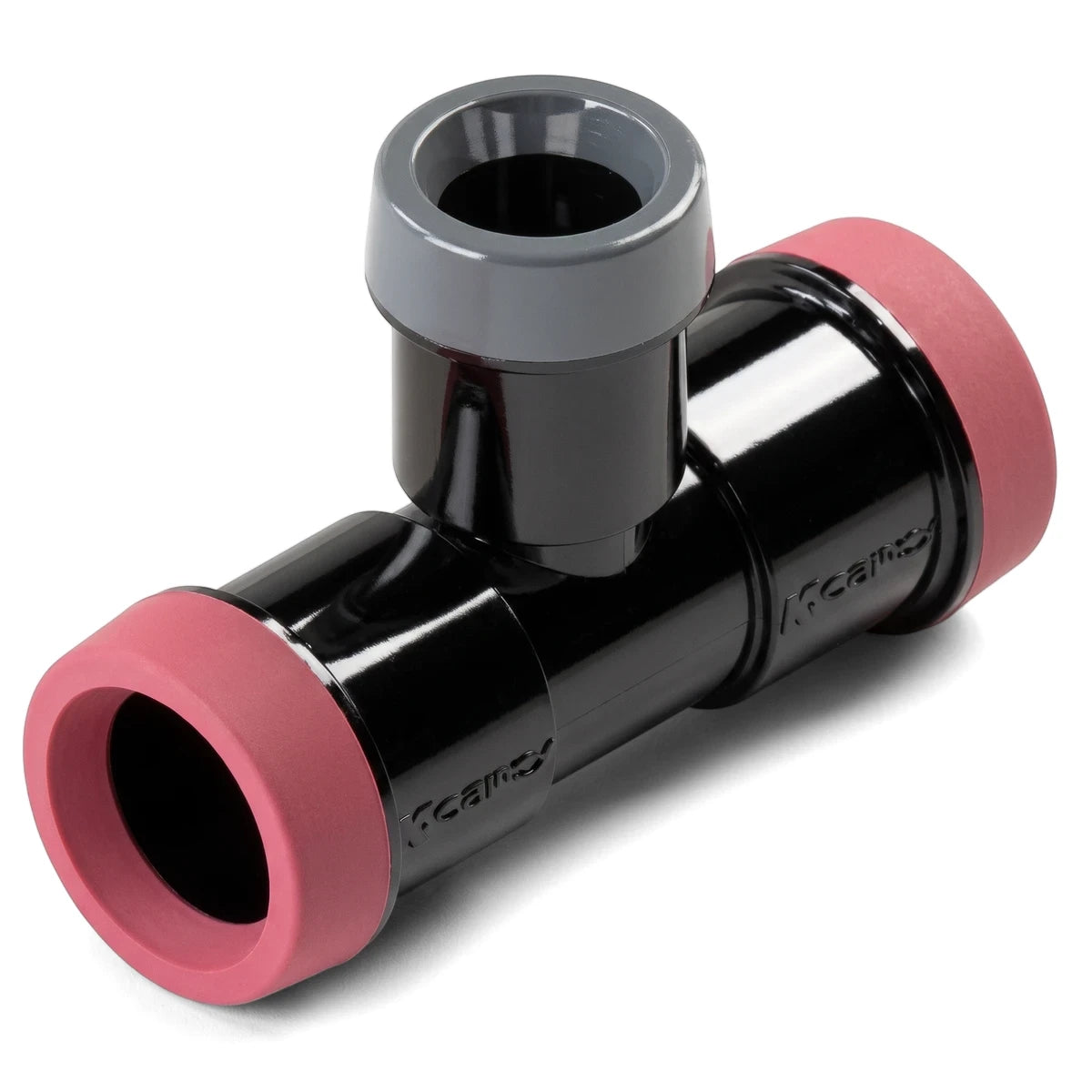 Black and gray EZ Flow Irrigation reducing tee fitting, 20mm x 15mm, with red accents, shown from an angled view.