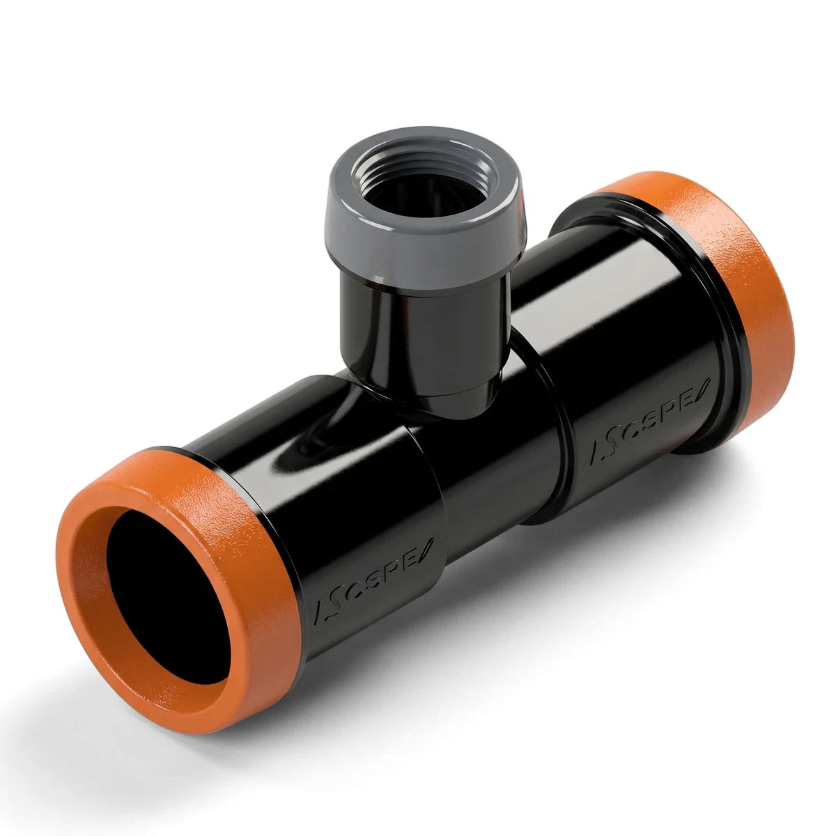 Black and orange plastic EZ Flow Irrigation Reducing Tee Fitting, 25mm x 15mm, with grey top connection, for water systems.