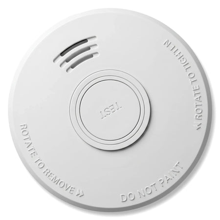 White Fa-Sa001 5 Year Battery Smoke Alarm, circular design with central test button and warning text.