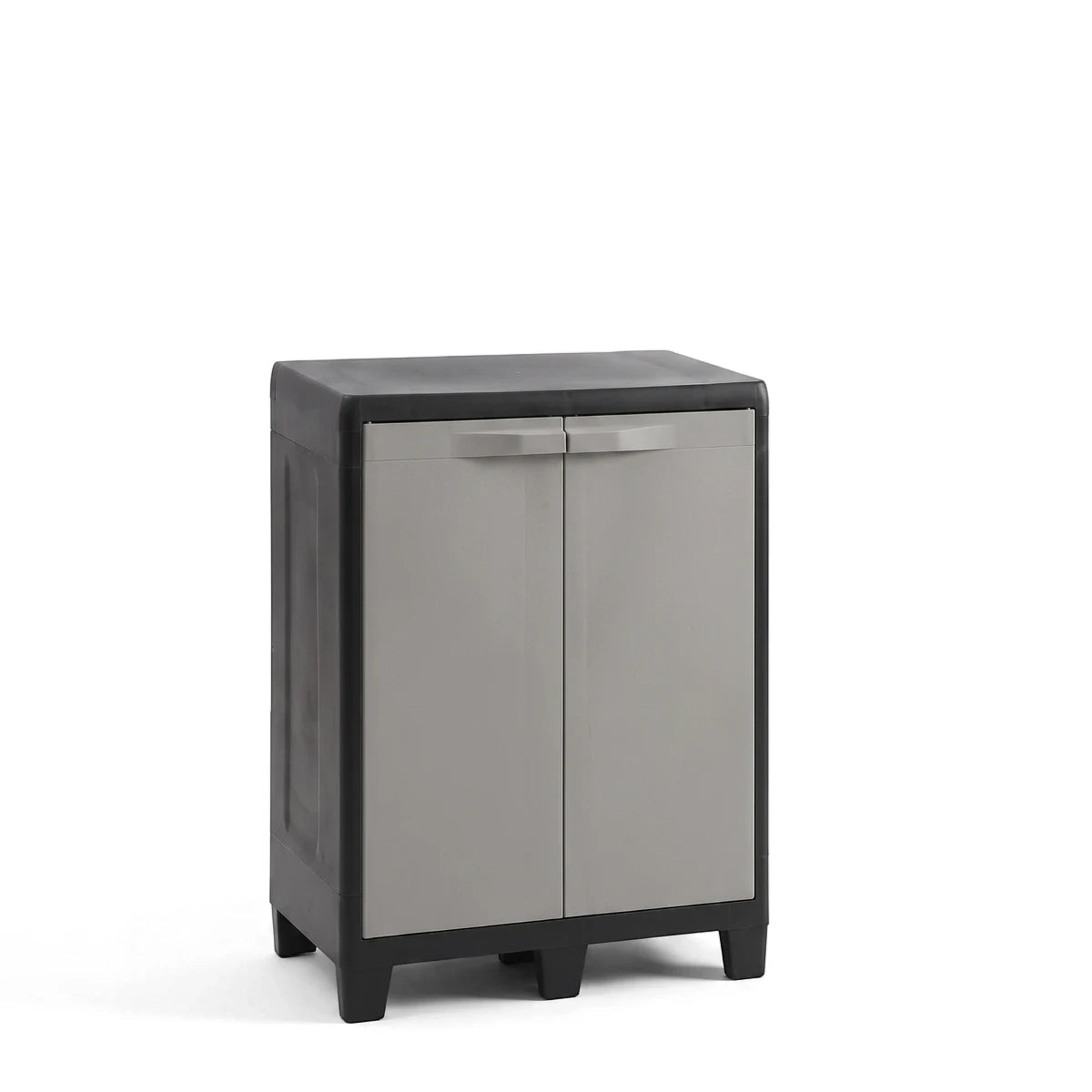 Factory Xl Short Storage Cabinet, a gray and black plastic two-door unit with four feet, displayed on a white background.