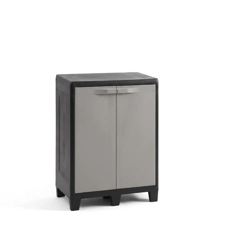 Factory Xl Short Storage Cabinet, a gray and black plastic two-door unit with four feet, displayed on a white background.