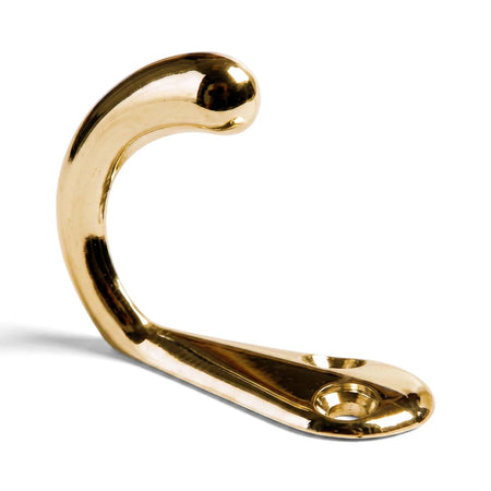 Shiny gold-finished curved wardrobe hook with a flat mounting plate, designed for hanging garments or accessories.
