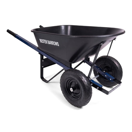Black Farmer Heavy Load Wheelbarrow with a blue frame and two wheels, shown from a front-right angle, designed for garden