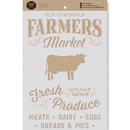 Farmyard Fiesta paint stencil featuring 'Farmers Market' text, a cow silhouette, and 'Fresh Produce' on kraft-colored