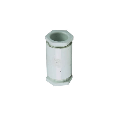 Female Adaptor 20mm plastic pipe fitting in white with hex ends, female threaded connector, front view
