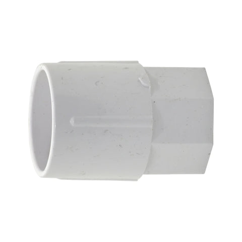 White 20mm PVC female adaptor pipe fitting, used for connecting plumbing components, shown on a white background.