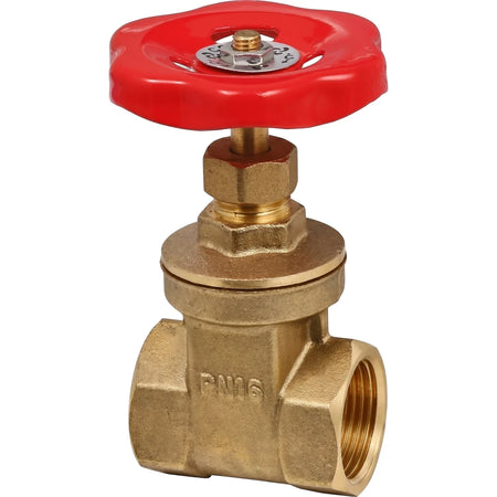 Close-up of a 3/4 inch female brass gate valve with a prominent red star-shaped handle, ideal for plumbing applications.