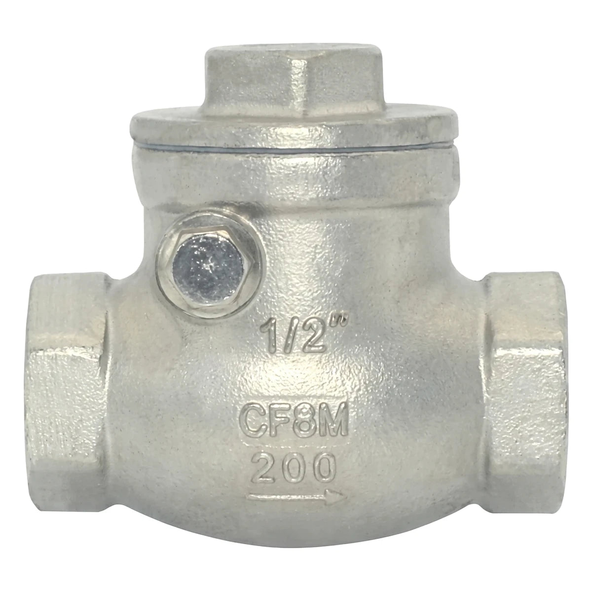 Silver metal Female X Female Swing Non-Return Valve, 1/2 inch size, visible with engraved markings.