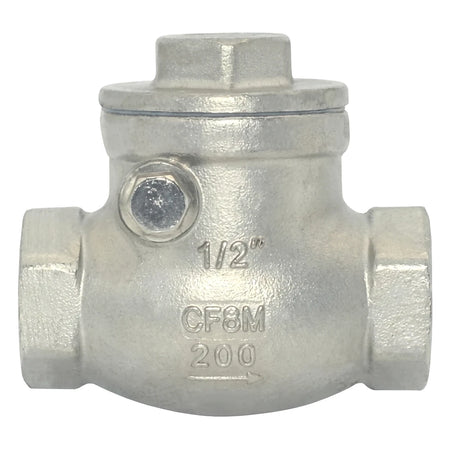 Silver metal Female X Female Swing Non-Return Valve, 1/2 inch size, visible with engraved markings.