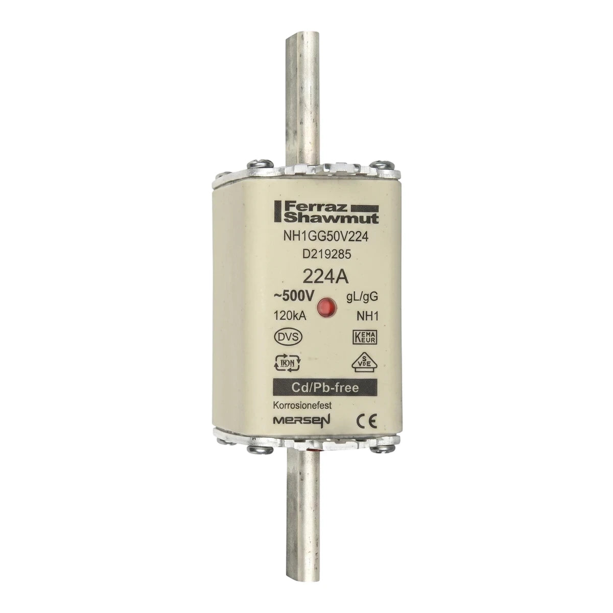Ferraz Shawmut 224A general protection fuse with double indicators, featuring a cream ceramic body and metal blades,