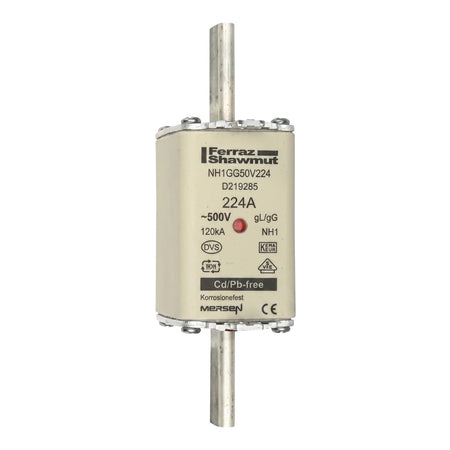 Ferraz Shawmut 224A general protection fuse with double indicators, featuring a cream ceramic body and metal blades,