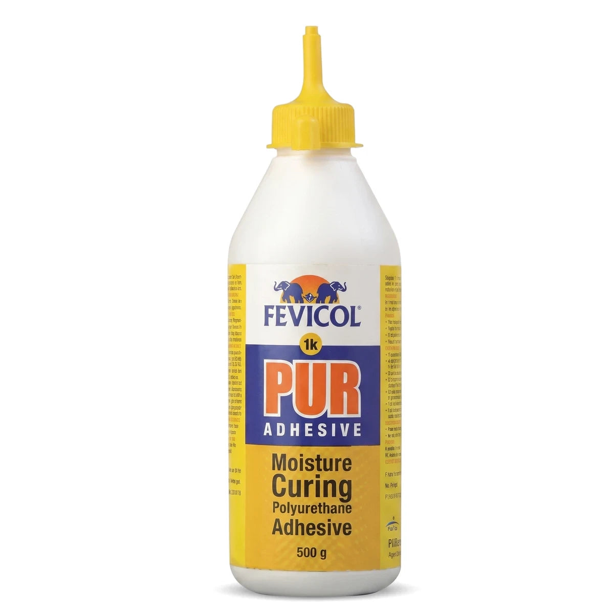 Fevicol 1K PUR Adhesive bottle, a white moisture-curing polyurethane adhesive in a yellow-capped 500g container, shown front