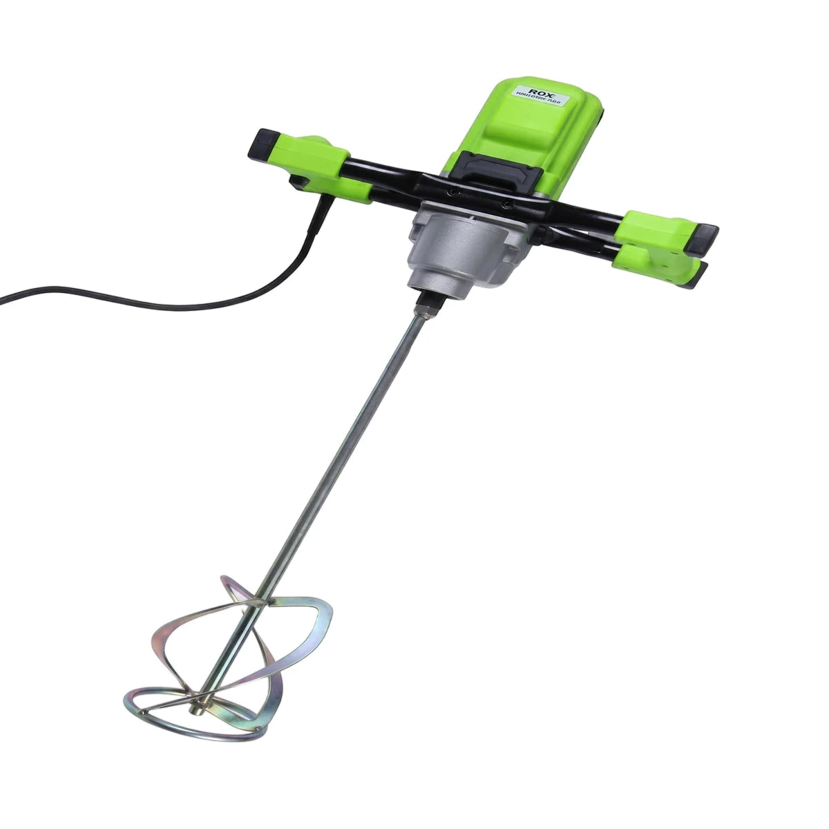 Fhq Twister 180 hand held electric mixer with green housing, black handles, and a spiral mixing paddle for construction use.