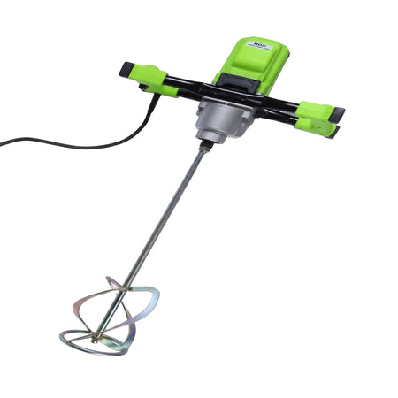 Fhq Twister 180 hand held electric mixer with green housing, black handles, and a spiral mixing paddle for construction use.