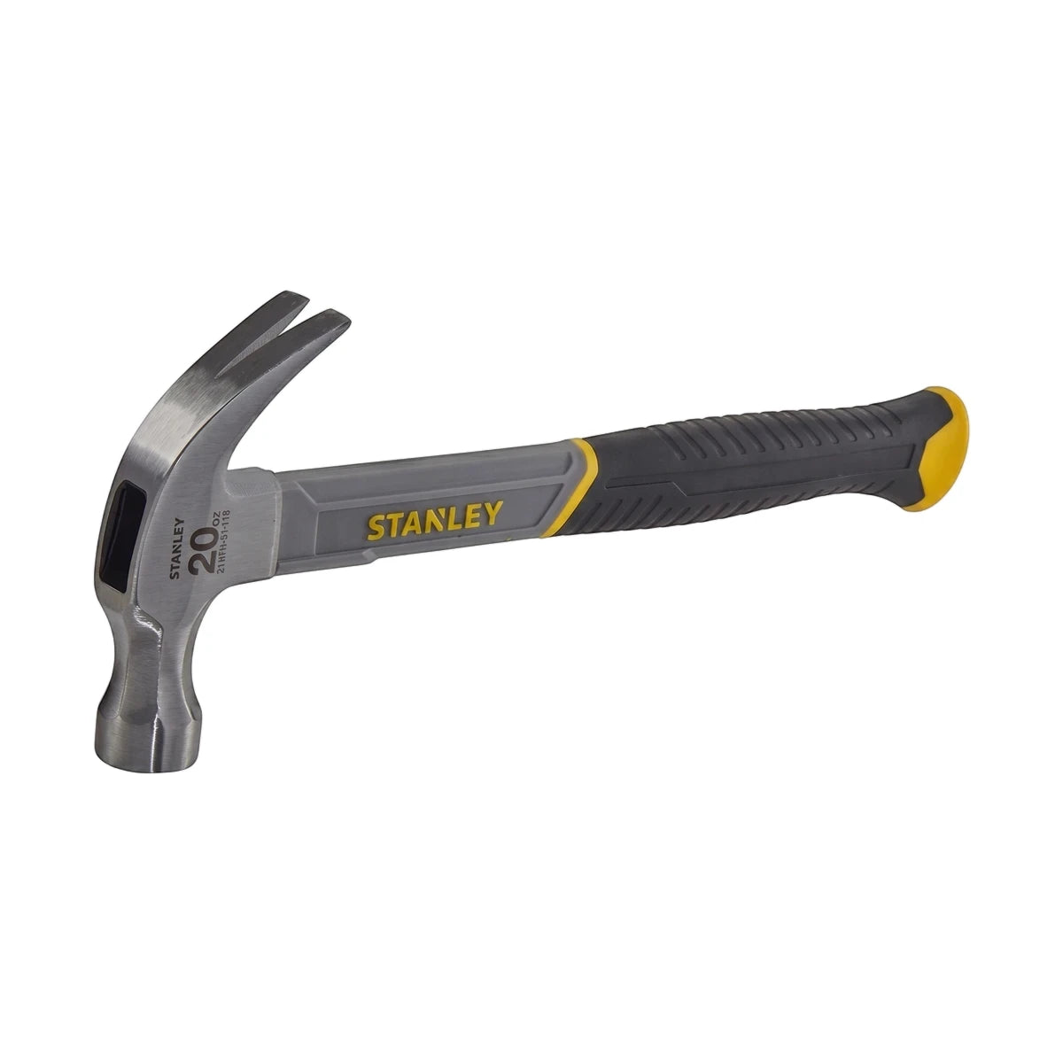 A metallic grey and black Stanley Fibreglass Handle Claw Hammer (20oz, 560G) with yellow accents.