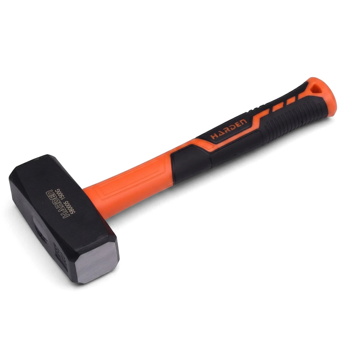 A black fibreglass handle stoning hammer with an orange and black grip, viewed from an elevated angle on a white background.
