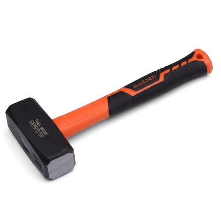A black fibreglass handle stoning hammer with an orange and black grip, viewed from an elevated angle on a white background.
